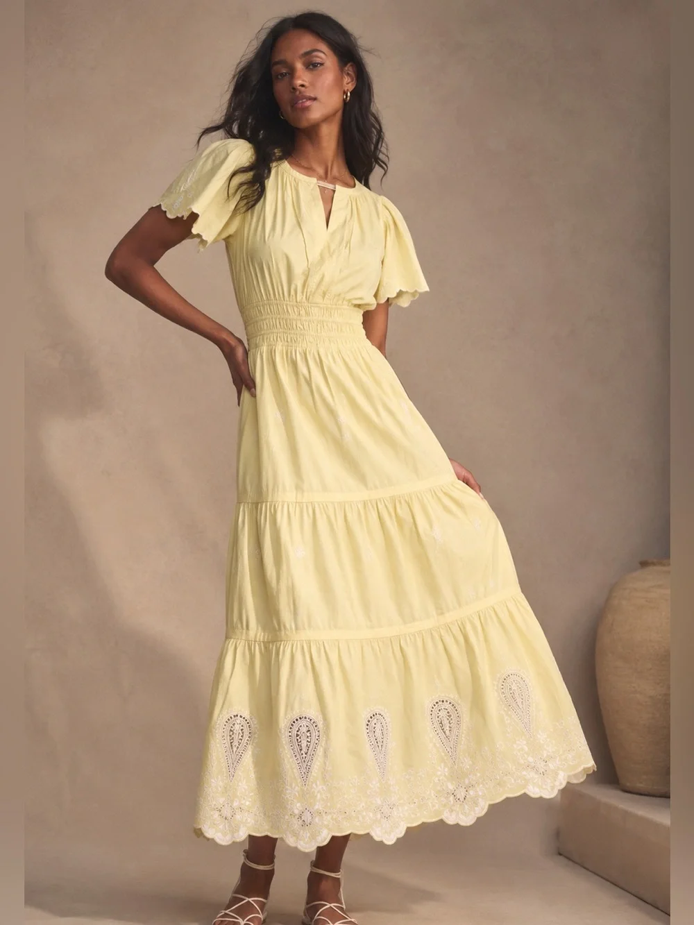 Anthropologie Somerset Short Sleeve Deco Embroidered Maxi Dress Honey Dew Yellow